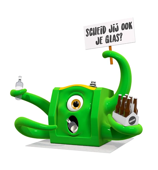 Groene glasbak-mascotte met bord: Scheid jij ook je glas?